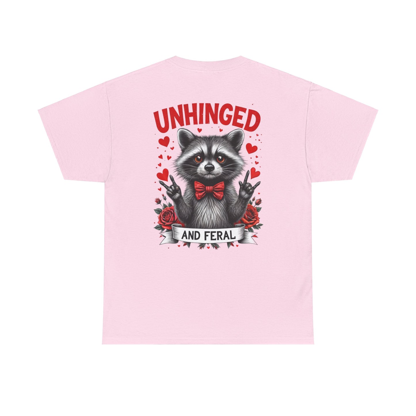 Valentine's Day Raccoon Unisex Tee - 'Unhinged and Feral' Metal Hand Signs