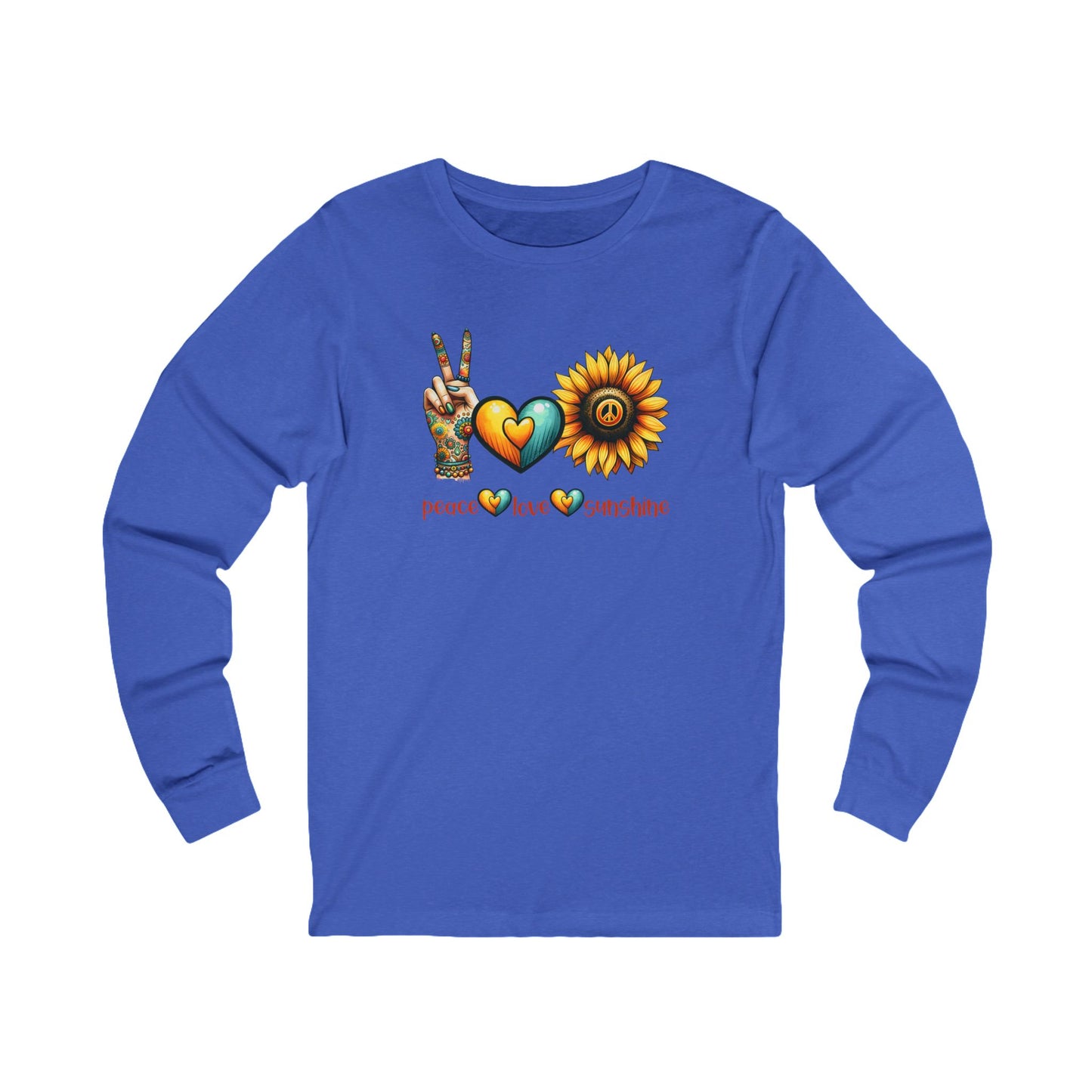 Peace Love Sunshine Long Sleeve Tee, Vibrant Graphic Shirt, Boho Style, Unisex Apparel, Perfect for Festivals, Gift for Nature Lovers