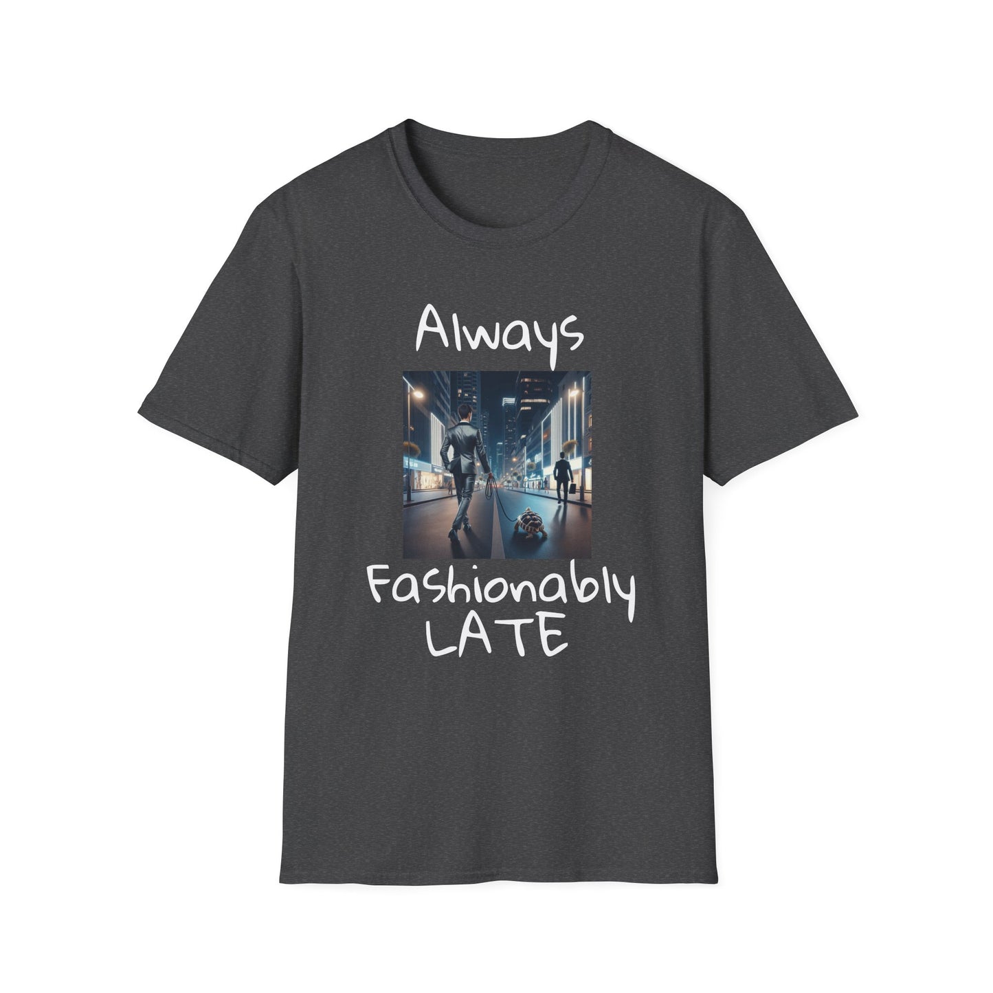 Fashionably Late Tortoise Unisex T-Shirt, Funny Mens Graphic Tee, Nightlife City Street Fashion Shirt, Men's Urban Style Top, Unique Gift