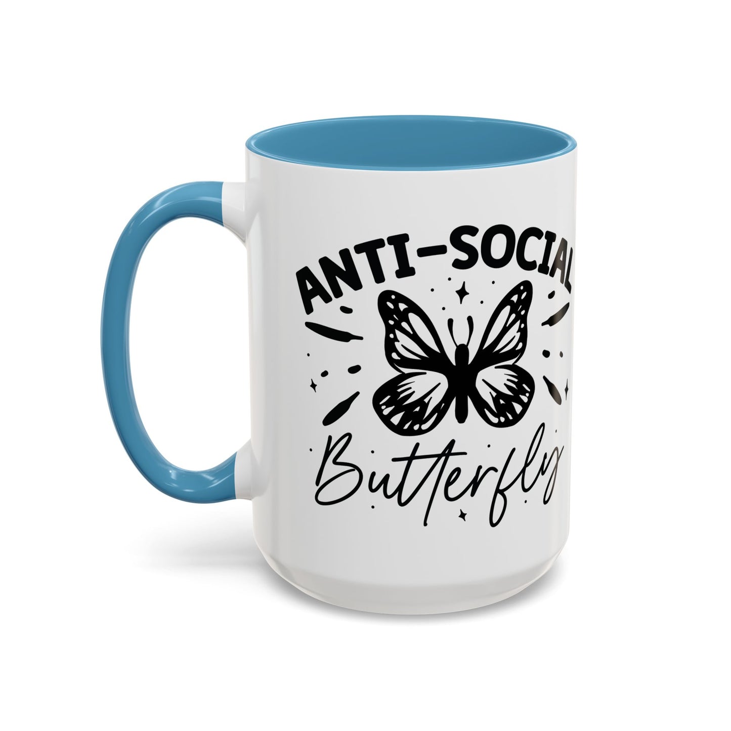 Coffee Mug, Funny Mug with Anti Social Butterfly and Don't Rush Me Designs, Office Mug, White Mug with Colorful Handle, Cute Mug, Unique