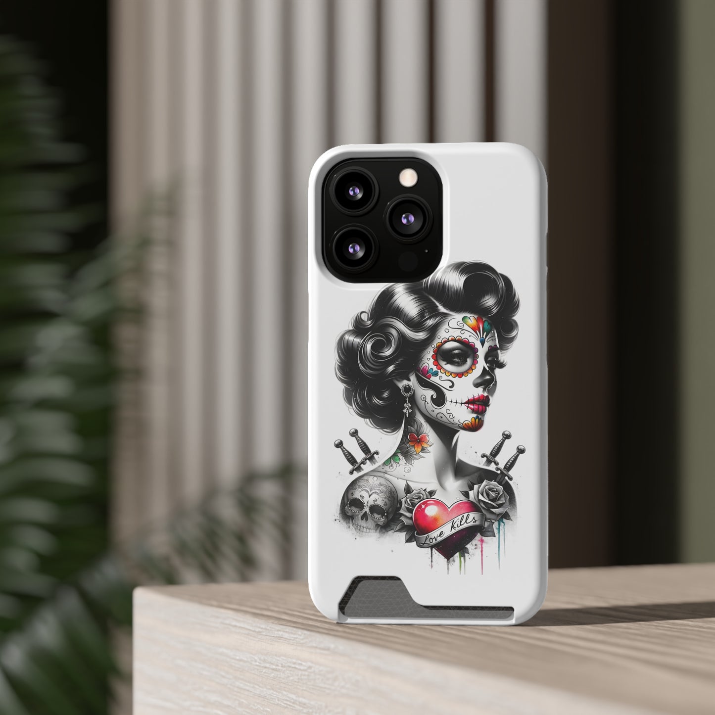 Phone Case - Love Kills Day of the Dead Face Paint Girl with Tattoos and Knives Hearts