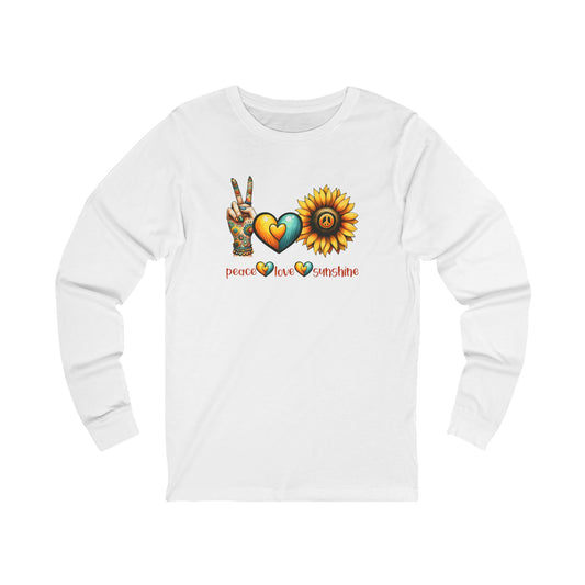 Peace Love Sunshine Long Sleeve Tee, Vibrant Graphic Shirt, Boho Style, Unisex Apparel, Perfect for Festivals, Gift for Nature Lovers