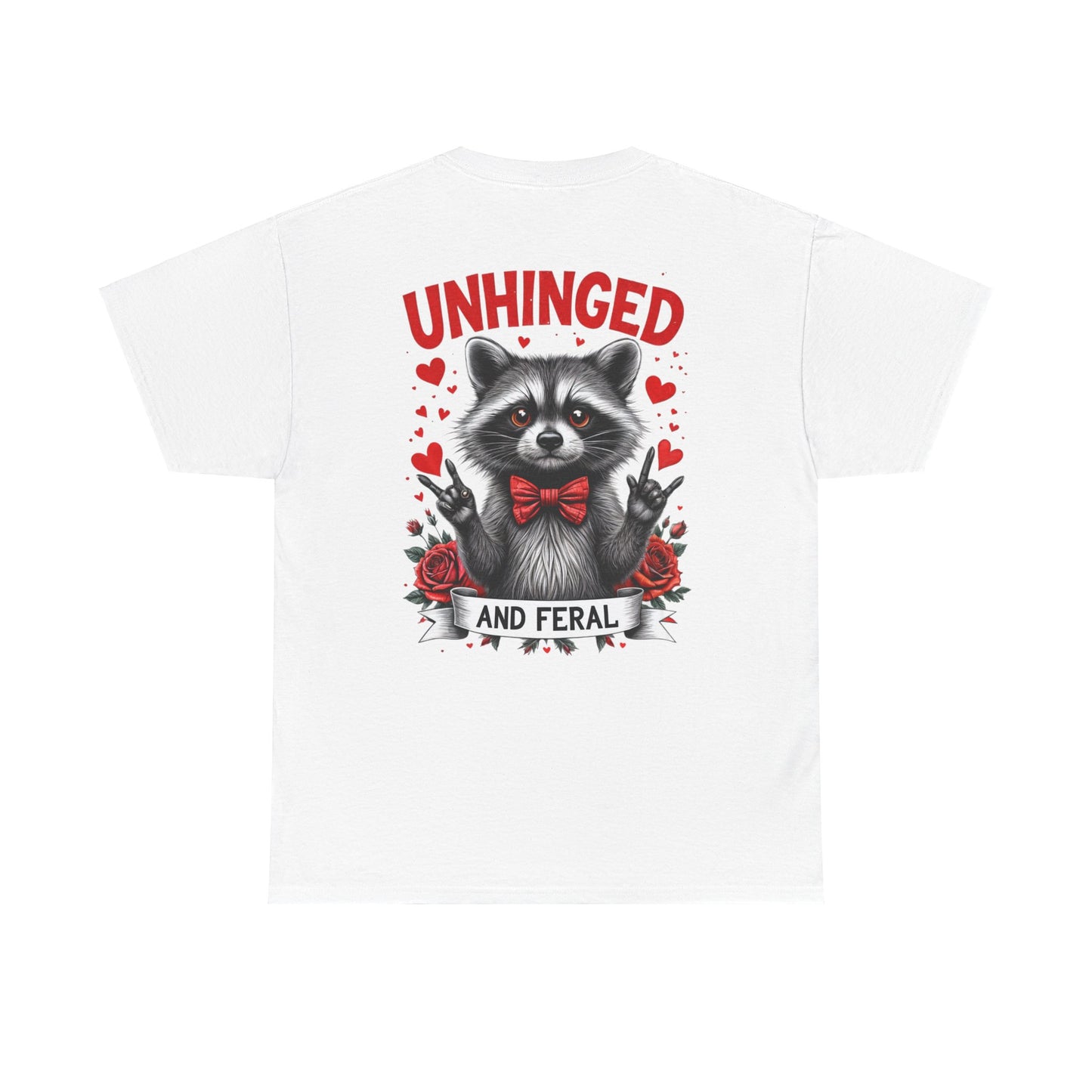Valentine's Day Raccoon Unisex Tee - 'Unhinged and Feral' Metal Hand Signs