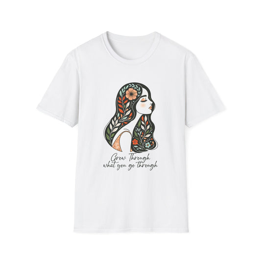 Grow Through Inspirational Unisex Softstyle T-Shirt, Motivational Tee, Self-Care Shirt, Gift for Women, Mindfulness Apparel