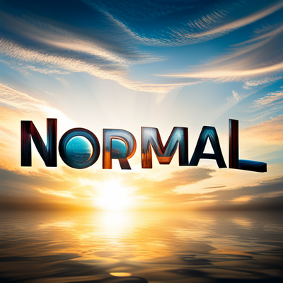 Blue Sky over water with a sunset sandwiched between the two.  all behind a basic square font style of the word "normal" 