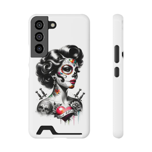 Phone Case - Love Kills Day of the Dead Face Paint Girl with Tattoos and Knives Hearts