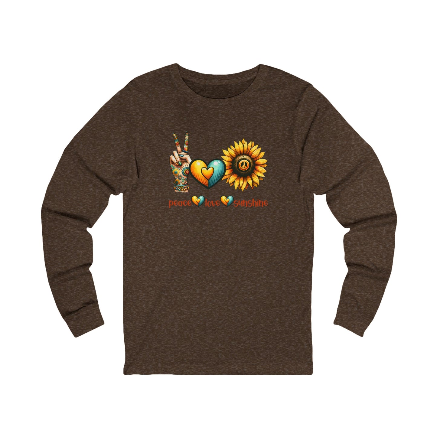 Peace Love Sunshine Long Sleeve Tee, Vibrant Graphic Shirt, Boho Style, Unisex Apparel, Perfect for Festivals, Gift for Nature Lovers