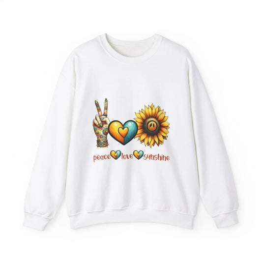 Peace Love Sunshine Sweatshirt, Unisex Crewneck, Boho Style, Gift for Her, Summer Vibes, Festival Wear, Eco-Friendly Sweatshirt